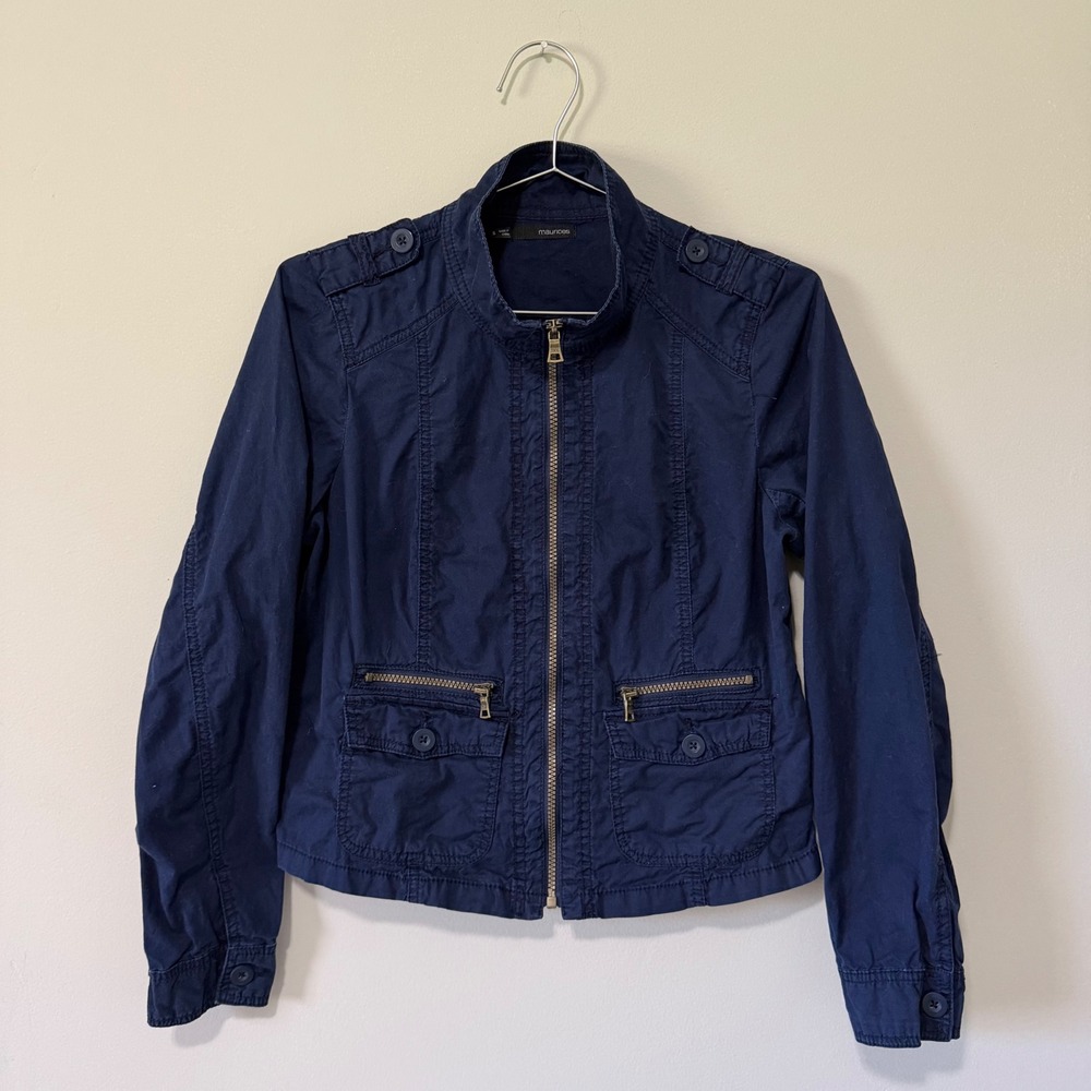 Maurices Womens Navy Blue Cotton Utility Military Jacket Small Full Zip Pocket